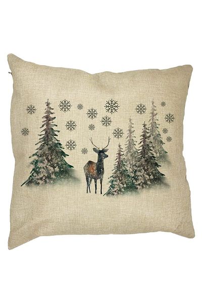 BEKZ Perna Decorativa de Craciun, Peisaj Brazi si Cerb, 40x40 cm, Husa Detasabila, Burduf