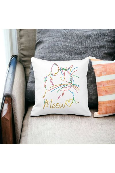BEKZ Square Decorative Pillow Meow Cat, 40x40 cm, White, Matte, Removable Cover, Bellows