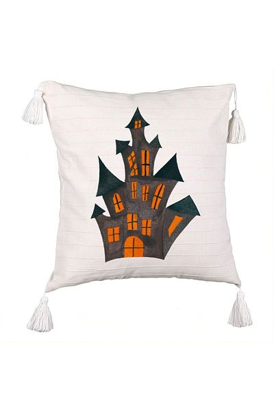 BEKZ Decorative Pillow with Fringes with Halloween Motif 6, 45x45 cm, Ecru, With Zipper