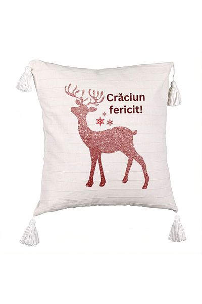 BEKZ Christmas themed Fringed Pillowcase, Reindeer and Text 5, 45x45 cm, Ecru, With zipper