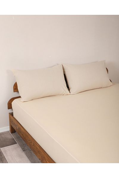 Lio20 Fitted Cotton Fabric Bed Sheet and Pillow Case Set-Elastic-Fade Resistant-Beige