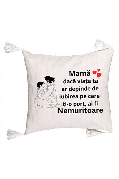 BEKZ Fringed Pillowcase, Pattern for Mother 5, 45x45 cm, Ecru, With zipper