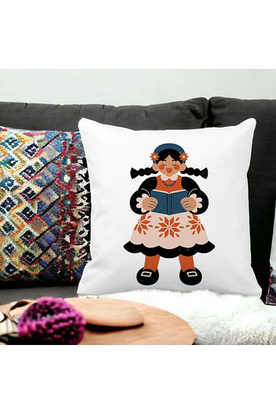 BEKZ Perna Decorativa Patrata Folk, 40x40 cm, Alba, Mata, Husa Detasabila, Burduf