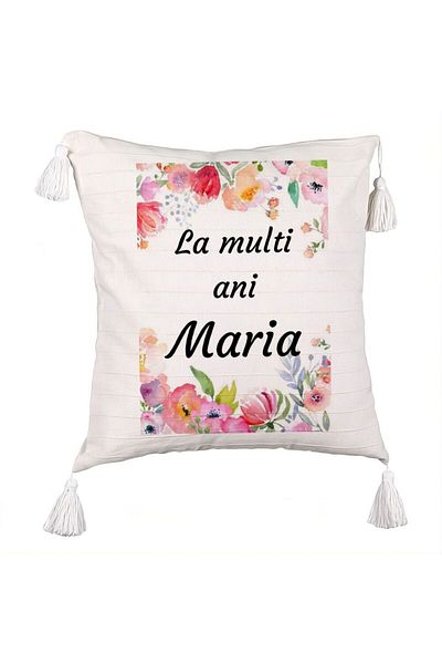 BEKZ Fringed Pillowcase, Happy Birthday Maria 2 Pattern, 45x45 cm, Ecru, With zipper