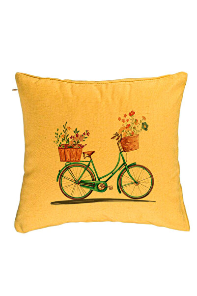 BEKZ Față de pernă, model floral cu bicicletă, 40x40 cm, galbenă