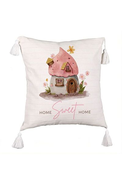 BEKZ Fringed Pillowcase, Model Home Sweet Home 1, 45x45 cm, Ecru, With zipper