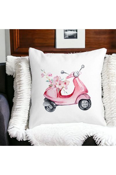 BEKZ Square Decorative Pillow Rose Flower Bike, 40x40 cm, White, Matte, Removable Cover, Bellows