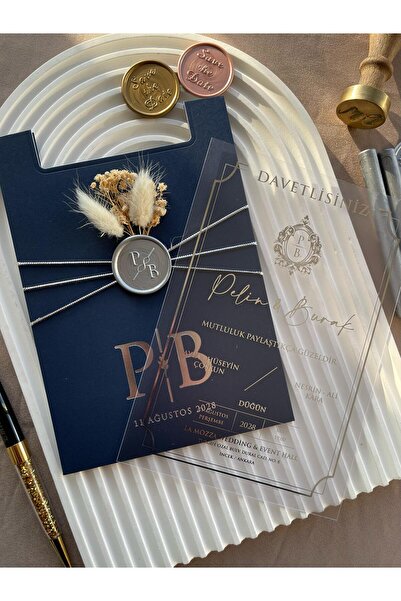 emindijital Lacivert Zarflı Şeffaf Kuruçiçekli Mühürlü Nikah, Nişan, Kına, Düğün Davetiyesi - 100 Adet