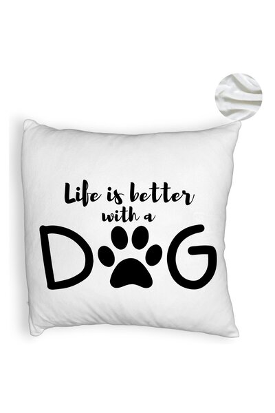 BEKZ Pernă decorativă pufoasă, model Life Is Better With A Dog, 40x40 cm, alb...