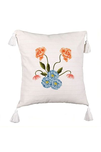 BEKZ Decorative Pillow with Fringes, Pink and Blue Floral Pattern, 45x45 cm, Ecru, With Zipper