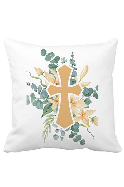 BEKZ Square Floral Pillowcase With Cross, 40x40 Cm, White, Matte