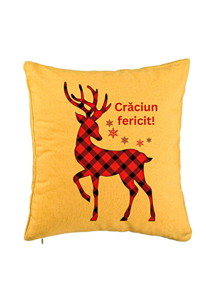 BEKZ Perna Decorativa cu tematica de Craciun, Ren si Text 4, 40x40 cm, Galben...