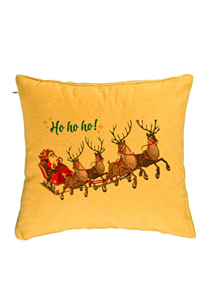 BEKZ Pernă decorativă Moș Crăciun și sania lui cu reni, 40x40 cm, galbenă, hu...