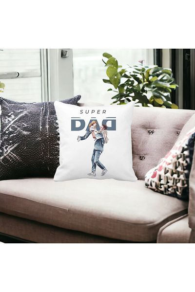 BEKZ Decorative Pillow, Super Dad, 40x40 cm, White, Matte, Removable Cover, Bellows