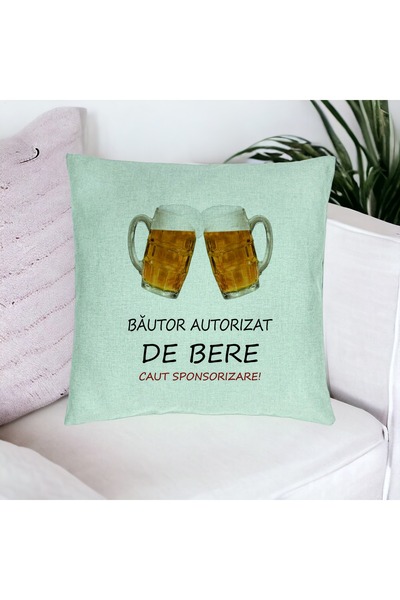 BEKZ Perna Decorativa, Model Bautor Autorizat de Bere, 40x40 cm, Verde Menta, Husa Detasabila, Burduf