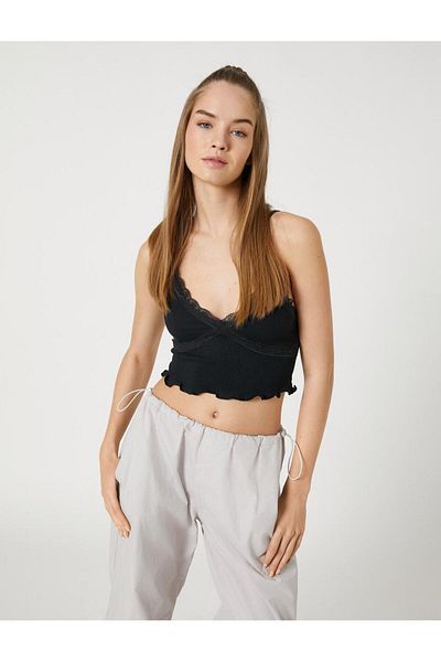 shiny date Ribbed Lace V-Neck Strap Crop Tank Top