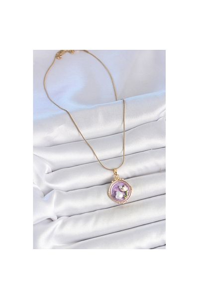 Skygo 316L Steel Gold Color Chain Purple Enamel Pearled Flower Embroidered Portrait Model Women's Necklace - Tj-Bko10149