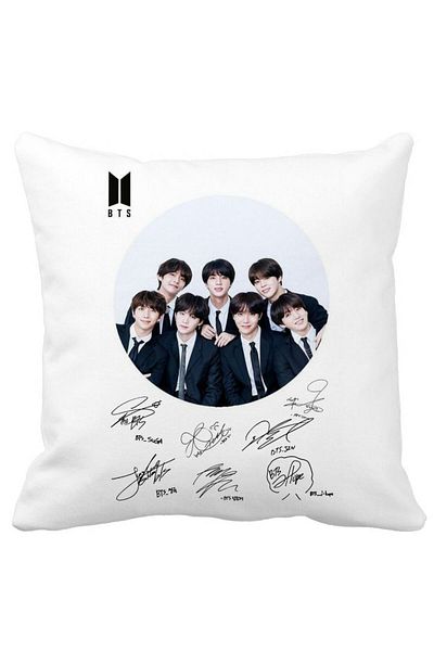 BEKZ Bts Army In Costume Decorative Pillow With Signatures, 40x40 Cm, White, Matte, Removable Cover, Bell