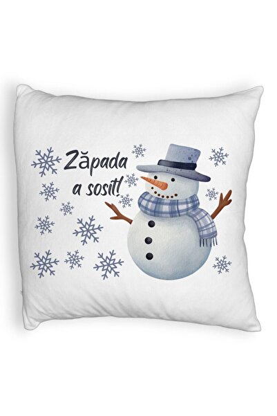 BEKZ Față de pernă pufoasă de Crăciun cu om de zăpadă și text 2, 40x40 cm, albă