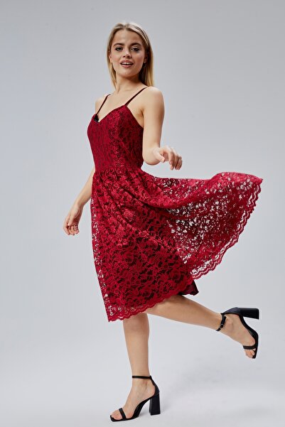 HELVEYS Kadın Dantelli V Yaka Fermuarlı Sırt detaylı Ayarlanılabilir Omuz Askılı Kısa Elbise HV06063134