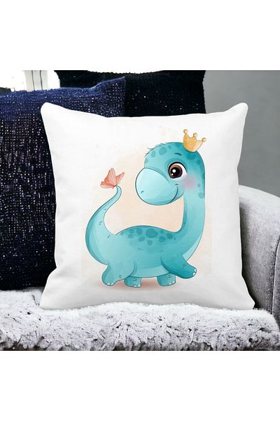 BEKZ Blue Baby Dinosaur Square Decorative Pillow, 40x40 cm, White, Matte, Removable Cover, Bellows