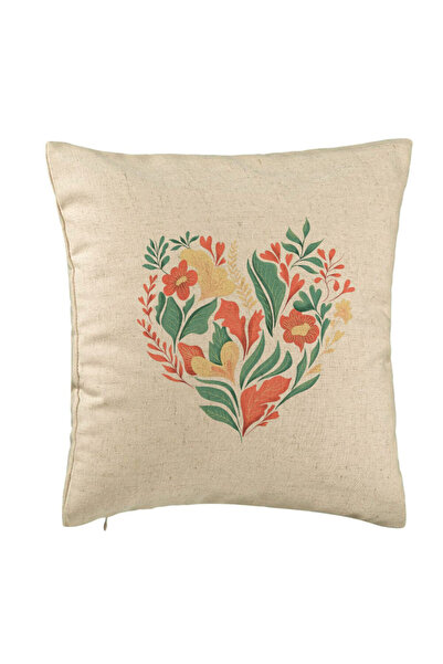 BEKZ Decorative Pillow, Love Flowers Pattern, 40x40 cm, Beige, Removable Cove...