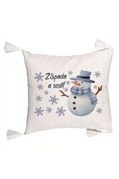 BEKZ Decorative Pillow with Christmas Fringes Snowman and Text 2, 45x45 cm, Ecru, With zipper