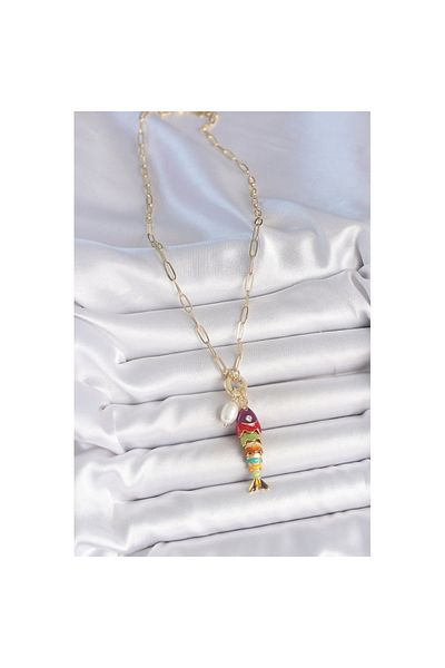 Skygo Gold Color Brass Necklace with Pearl Detail Zircon Stone Rainbow Fish Figure - Tj-Bko10215