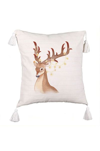 BEKZ Christmas Fringed Pillowcase with Reindeer, 1, 45x45 cm, Ecru, With zipper