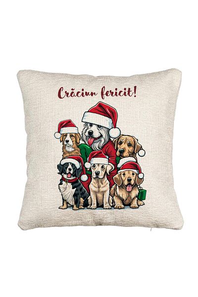 BEKZ Fata de perna Canapea de Craciun cu Catelusi si Text, 40x40 cm, Cu fermoar