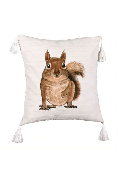 BEKZ Decorative Pillow with Fringes, Squirrel Pattern, 45x45 cm, Ecru, With Zipper