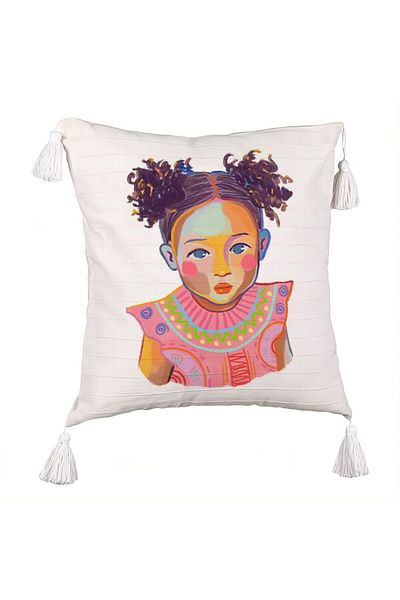 BEKZ Decorative Pillow with Fringes, Happy Baby Pattern, 45x45 cm, Ecru, With Zipper