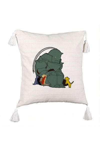 BEKZ Fringed Pillowcase with Full Metal Alchemist, 45x45 cm, Ecru, With zipper