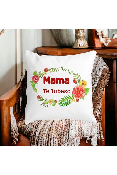 BEKZ Perna Decorativa Patrata Mama Te Iubesc, 40x40 cm, Alba, Mata, Husa Detasabila, Burduf
