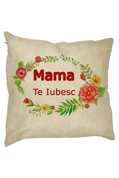 BEKZ Perna Decorativa Patrata Mama Te Iubesc, 40x40 cm, Husa Detasabila, Burduf