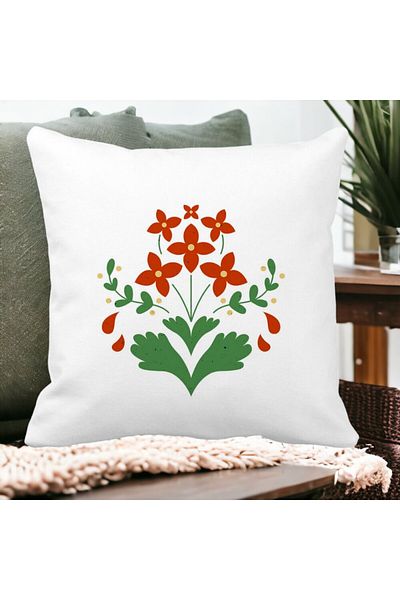 BEKZ Red Floral Square Decorative Pillow, 40x40 cm, White, Matte, Removable Cover, Bellows