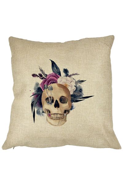 BEKZ Perna Decorativa cu motiv Craniu si Flori de Halloween, 40x40 cm, Husa Detasabila, Burduf