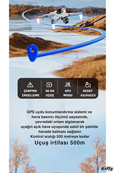 giffy 4K Full Hd 2 Bataryalı 500M Menzil Çift Kameralı Katlanabilir Kameralı Profesyonel Drone 40 DK Uçuş