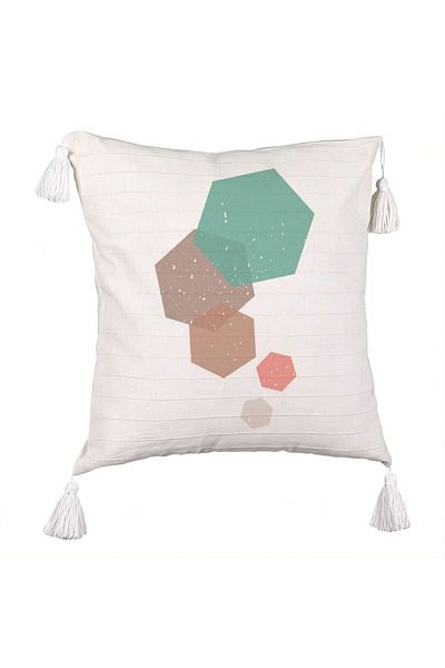 BEKZ Fringed Pillowcase, Geometric Shapes Pattern 2, Multicolor, 45x45 cm, Ecru, With zipper