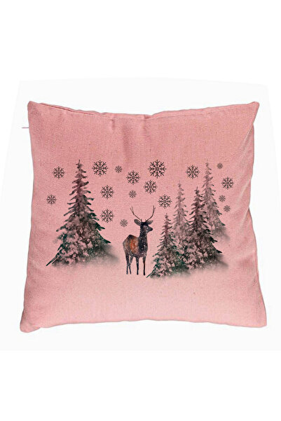 BEKZ Perna Decorativa de Craciun, Peisaj Brazi si Cerb, 40x40 cm, Roz, Husa D...