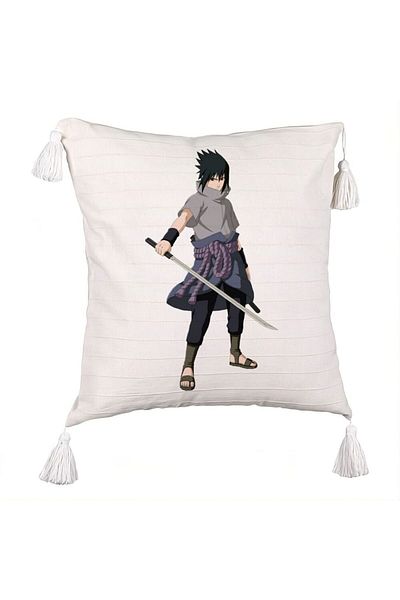BEKZ Decorative Pillow with Fringes with Nsruto Sasuke, 45x45 cm, Ecru, With zipper
