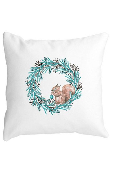 BEKZ Decorative Pillow Christmas Wreath and Squirrel, 40x40 cm, White, Matte, Removable Cover, Bellows