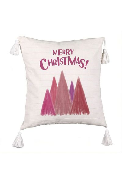 BEKZ Pillowcase with Christmas Fringes, colored trees and text, 45x45 cm, Ecru, With zipper