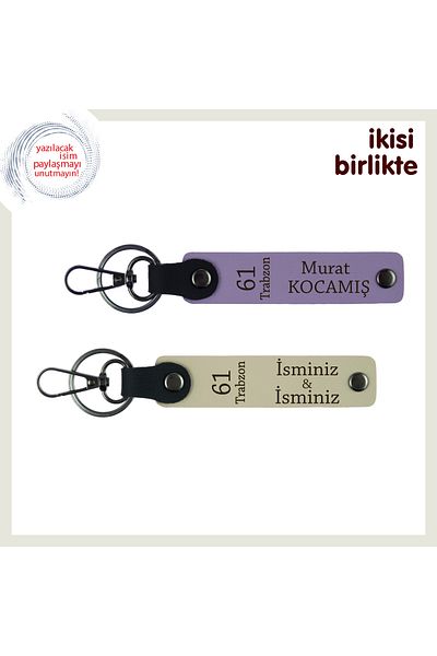 Miaju Father's Gift Carrying His Hometown, 61 Trabzon Written Leather Keychain, Purple-Milk Coffee