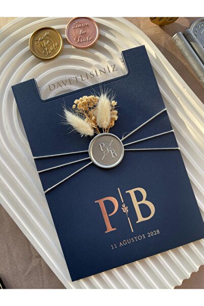 emindijital Lacivert Zarflı Şeffaf Kuruçiçekli Mühürlü Nikah, Nişan, Kına, Dü...