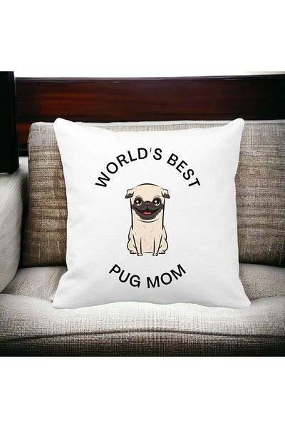 BEKZ Perna Decorativa, World&apos;s Best Pug Mom, 40x40 cm, Alba, Mata, Husa Detasabila, Burduf
