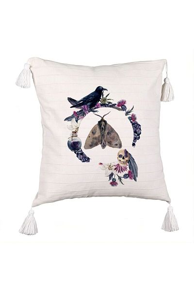 BEKZ Fringed Pillowcase with Halloween Motif 8, 45x45 cm, Ecru, With Zipper