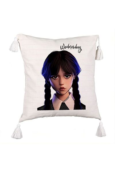 BEKZ Fringed Pillowcase, Wednesday Addams 8 Model, 45x45 cm, Ecru, With zipper