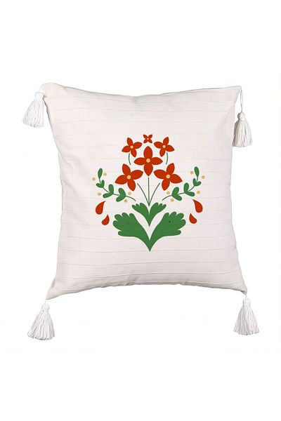 BEKZ Fringed Pillowcase, Red Floral Pattern, 45x45 cm, Ecru, With Zipper