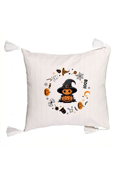 BEKZ Decorative Pillow with Fringes with Halloween Motif 7, 45x45 cm, Ecru, With Zipper